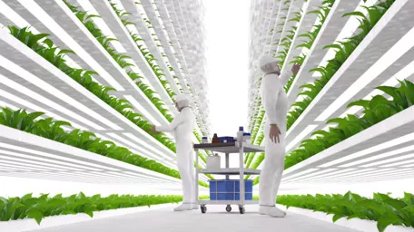 Plant food production in vertically stacked layers. Vertical farm and its employees taking care of plant growth